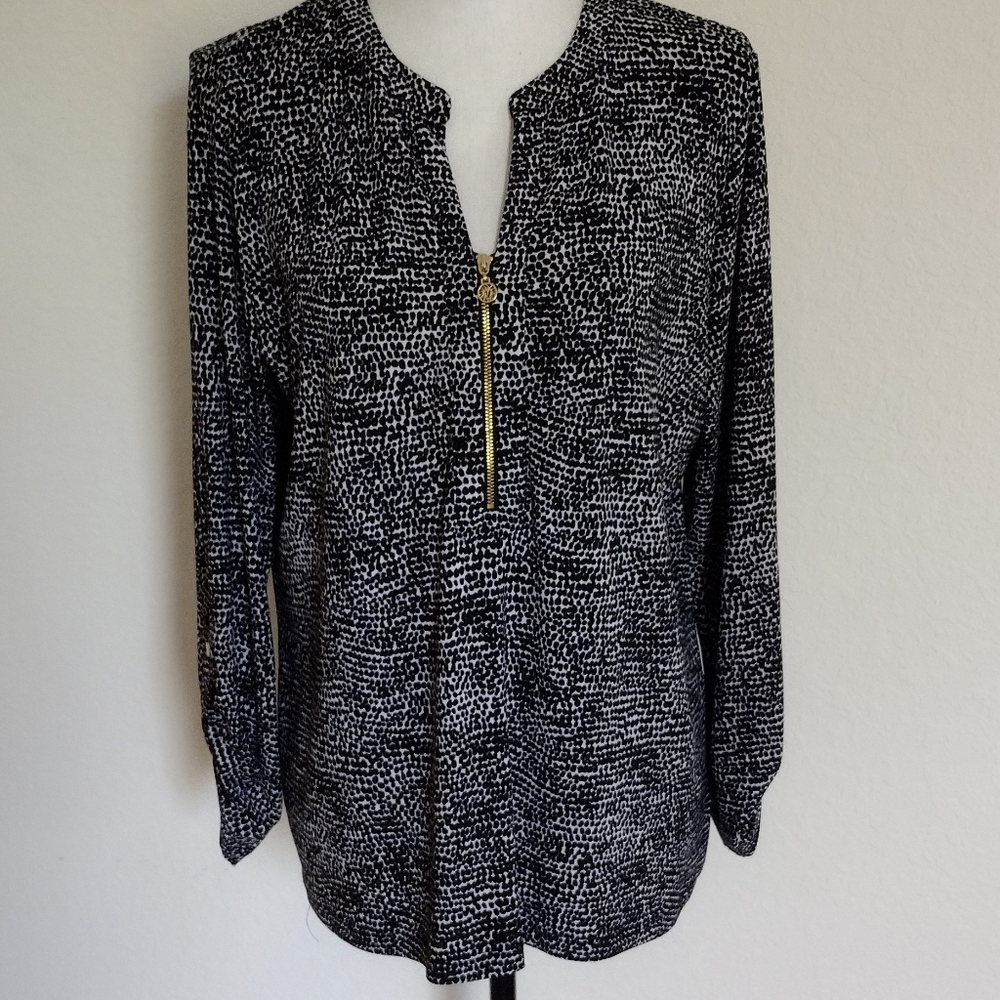 "Anne Klein" Women's Black White Dot Zip Neck Roll Tab Sleeve Blouse Top Size L